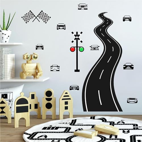 THEYGE Large Road Wall Sticker Road Sign Peel and Stick Wall Decals Race Car Wall Stickers Removable Track Highway Vinyl Stickers Traffic Cars Sport Wall Decals for Kids Room Boys Bedroom Decor - Image 3