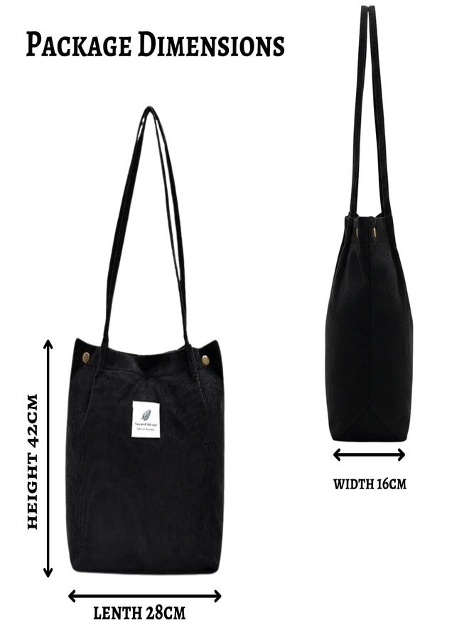 Gowloz Black Corduroy Tote Bag for Women | Wide Opening Large Size | Long Straps with Inner Pocket | Lightweight & Spacious | Travel, Office, College, Everyday Use - Image 4