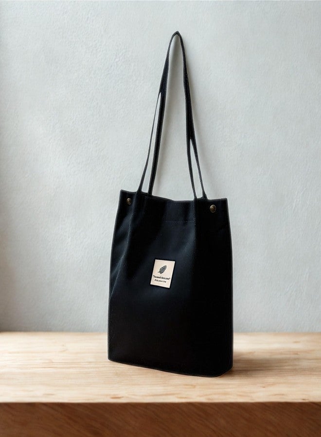 Gowloz Black Corduroy Tote Bag for Women | Wide Opening Large Size | Long Straps with Inner Pocket | Lightweight & Spacious | Travel, Office, College, Everyday Use - Image 2