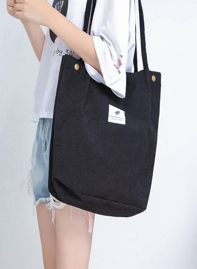 Gowloz Black Corduroy Tote Bag for Women | Wide Opening Large Size | Long Straps with Inner Pocket | Lightweight & Spacious | Travel, Office, College, Everyday Use - Image 5
