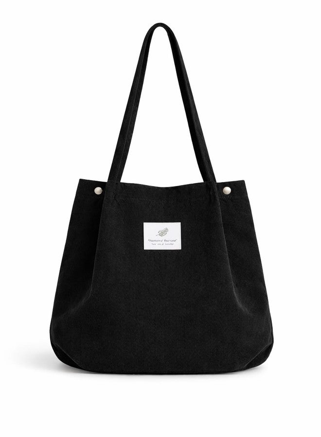 Gowloz Black Corduroy Tote Bag for Women | Wide Opening Large Size | Long Straps with Inner Pocket | Lightweight & Spacious | Travel, Office, College, Everyday Use - Image 1