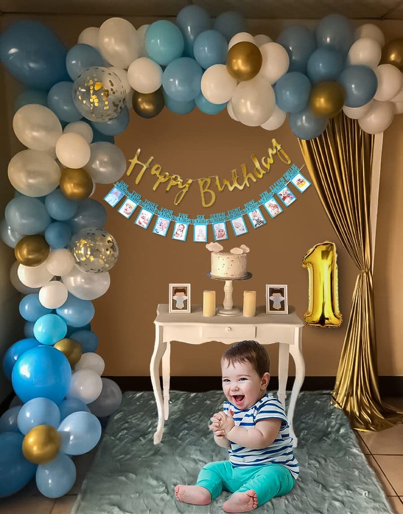 SpecialYou.in 72Pcs 1St Happy Birthday Decoration Items For Boys With No.1 Gold Foil, Light Confetti Balloons & Monthly Banner, Birthday Decorations For Boys, First Birthday Decoration Items. - Image 4