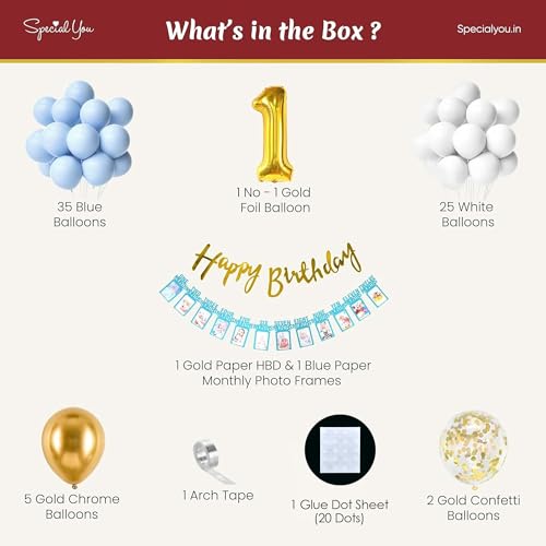 SpecialYou.in 72Pcs 1St Happy Birthday Decoration Items For Boys With No.1 Gold Foil, Light Confetti Balloons & Monthly Banner, Birthday Decorations For Boys, First Birthday Decoration Items. - Image 3