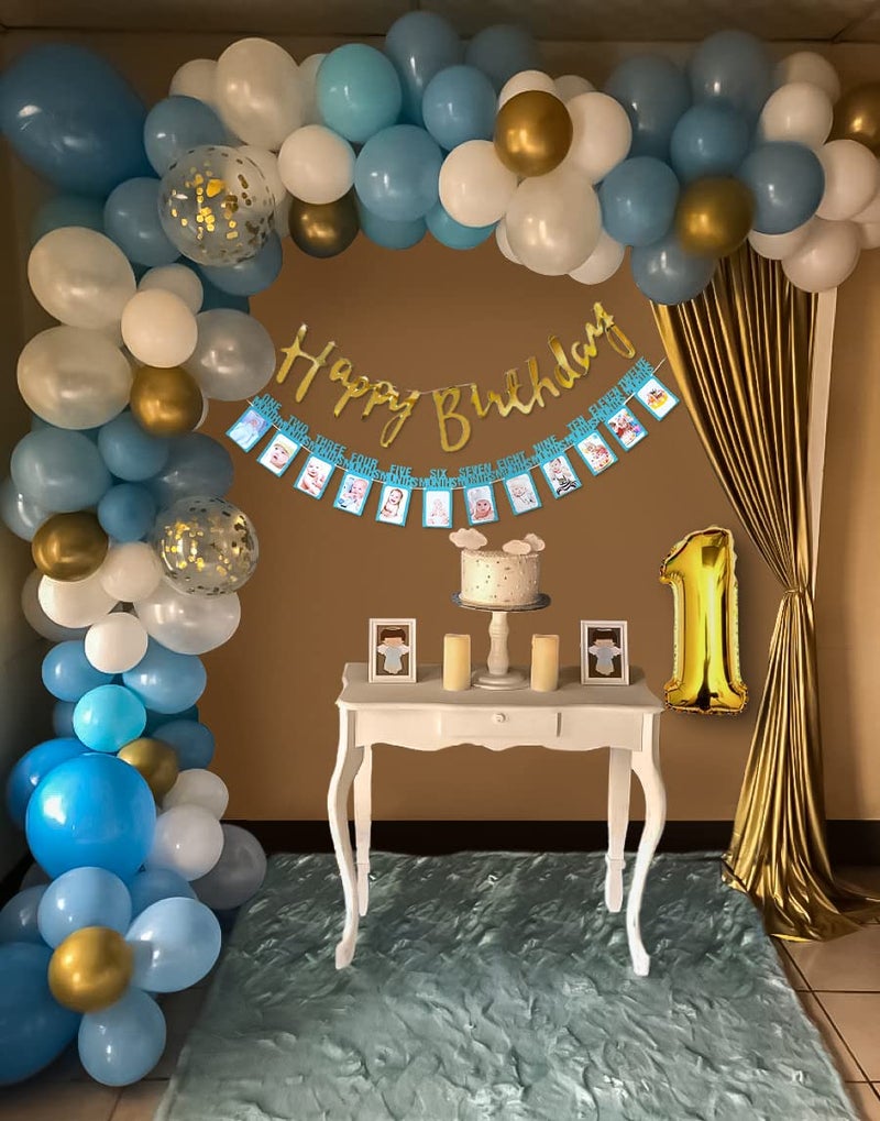 SpecialYou.in 72Pcs 1St Happy Birthday Decoration Items For Boys With No.1 Gold Foil, Light Confetti Balloons & Monthly Banner, Birthday Decorations For Boys, First Birthday Decoration Items. - Image 1