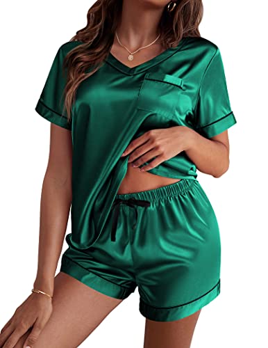 Ekouaer Silk Pajama for Women Short Sleeve Satin Pj Set Two Piece Soft Sleepwear Loungewear Casual Pjs for Summer Green Medium - Image 5
