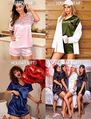 Ekouaer Silk Pajama for Women Short Sleeve Satin Pj Set Two Piece Soft Sleepwear Loungewear Casual Pjs for Summer Green Medium - Image 4