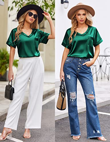 Ekouaer Silk Pajama for Women Short Sleeve Satin Pj Set Two Piece Soft Sleepwear Loungewear Casual Pjs for Summer Green Medium - Image 3