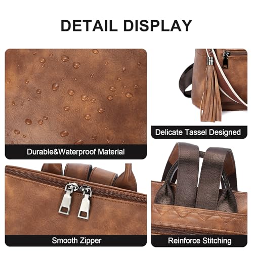 Telena Womens Backpack Purse Vegan Leather Large Travel Shoulder Bag with Tassel Brown - Image 5