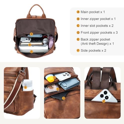 Telena Womens Backpack Purse Vegan Leather Large Travel Shoulder Bag with Tassel Brown - Image 3