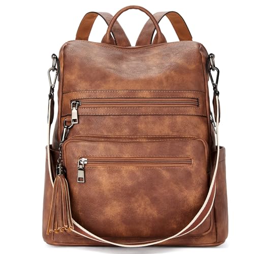 Telena Womens Backpack Purse Vegan Leather Large Travel Shoulder Bag with Tassel Brown - Image 1