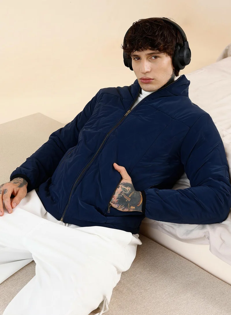 Men's Panelled Bar-Quilt Puffer Jacket | Stand Collar , Long Cuffed Sleeves , Zipper Closure , Straight Hem | Solid Woven Quilted For Casual & Daily | Navy Blue