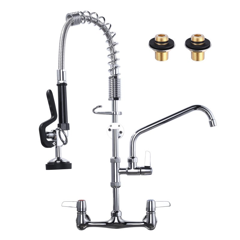 Commercial Kitchen Faucet Wall Mount with PreRinse Sprayer ARCORA Industrial Restaurant 25 Height 8 Center Compartment Sink Faucet with 96 Addon Swing Faucet Chrome