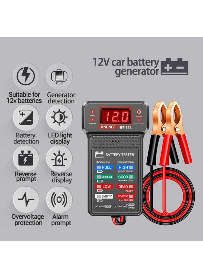 جهاز اختبار بطارية السيارة، جهاز اختبار بطاريات السيارات الرقمي ١٢ فولت، محلل شحن المولد، فولتميتر مزود بشاشة LCD ومؤشر LED، مؤشر جهد للسيارات والشاحنات والدراجات النارية والأدوات الكهربائية. - Image 2