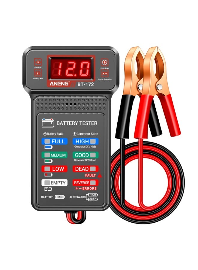 جهاز اختبار بطارية السيارة، جهاز اختبار بطاريات السيارات الرقمي ١٢ فولت، محلل شحن المولد، فولتميتر مزود بشاشة LCD ومؤشر LED، مؤشر جهد للسيارات والشاحنات والدراجات النارية والأدوات الكهربائية. - Image 1