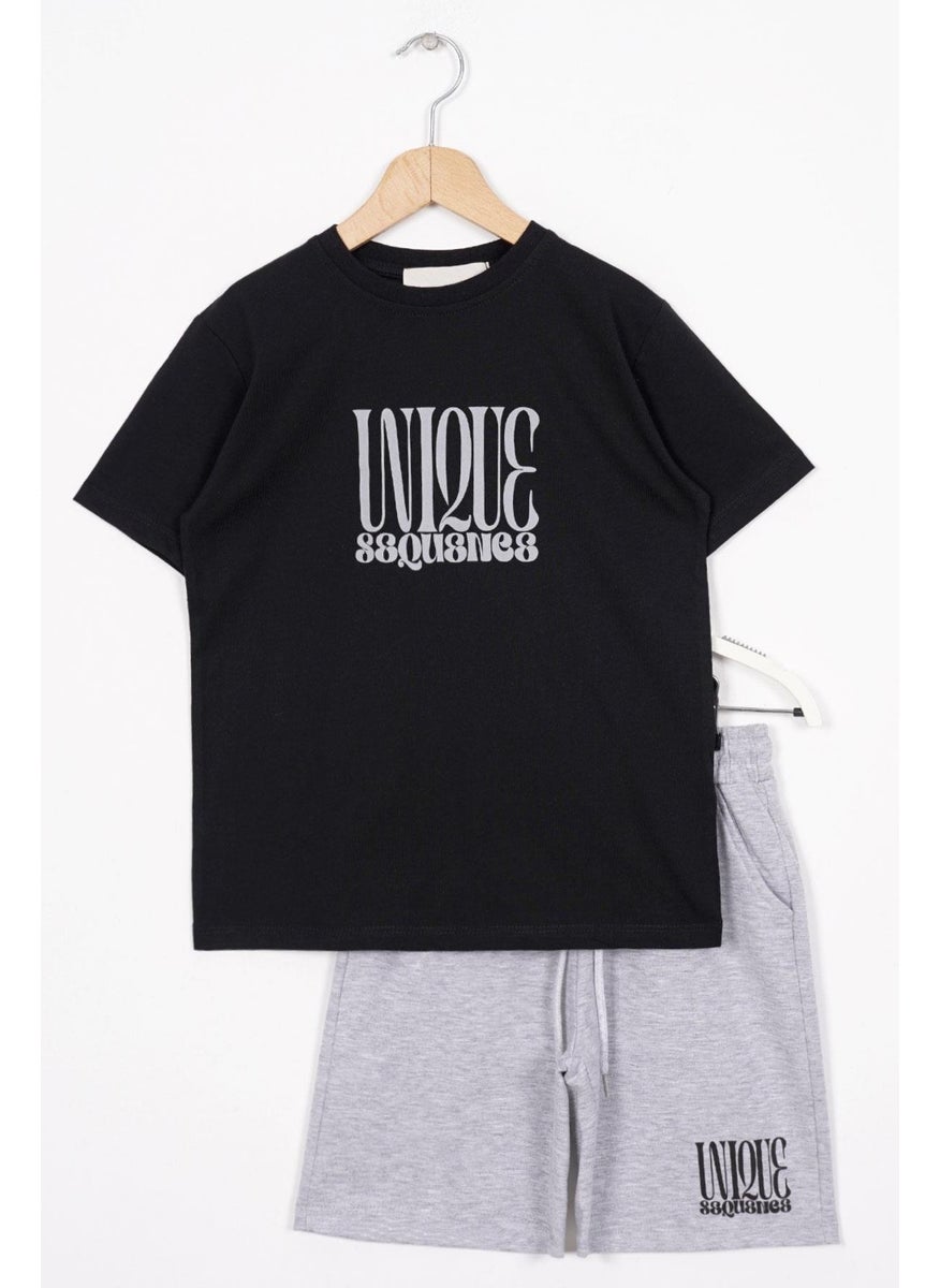 Zepkids - Black Color Boy Shorts Set with Text Print - Image 1