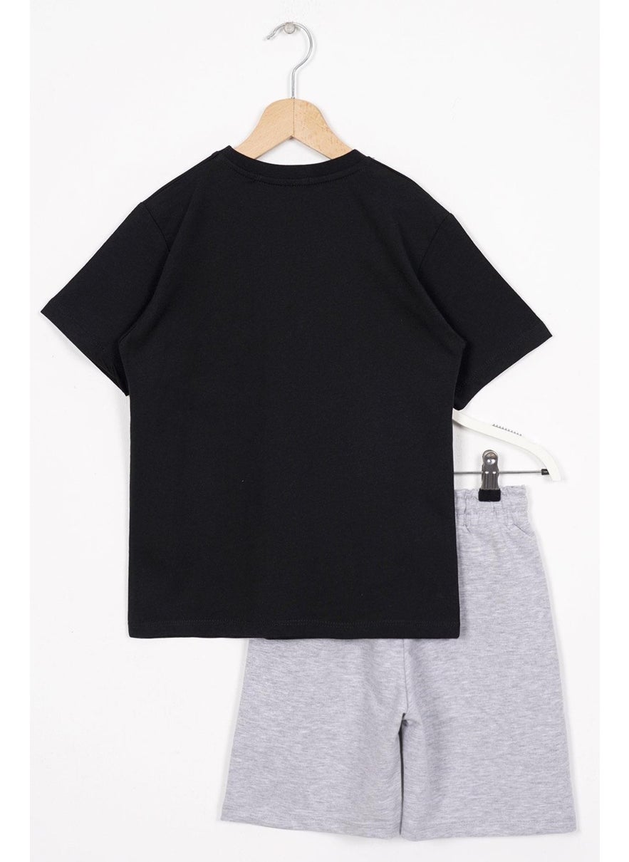 Zepkids - Black Color Boy Shorts Set with Text Print - Image 1