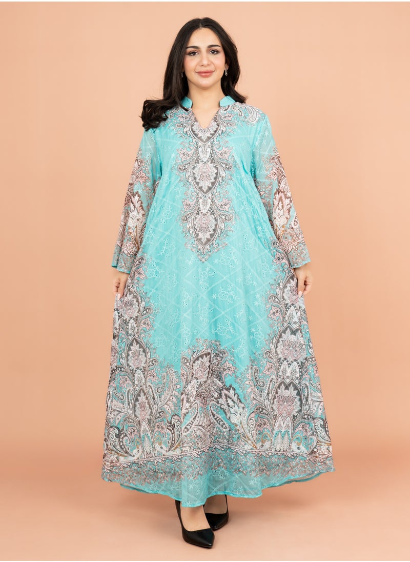 IKKXA Floral Pattern Printed Embroidered Jalabiya IK4011 Turquoise  - Image 1