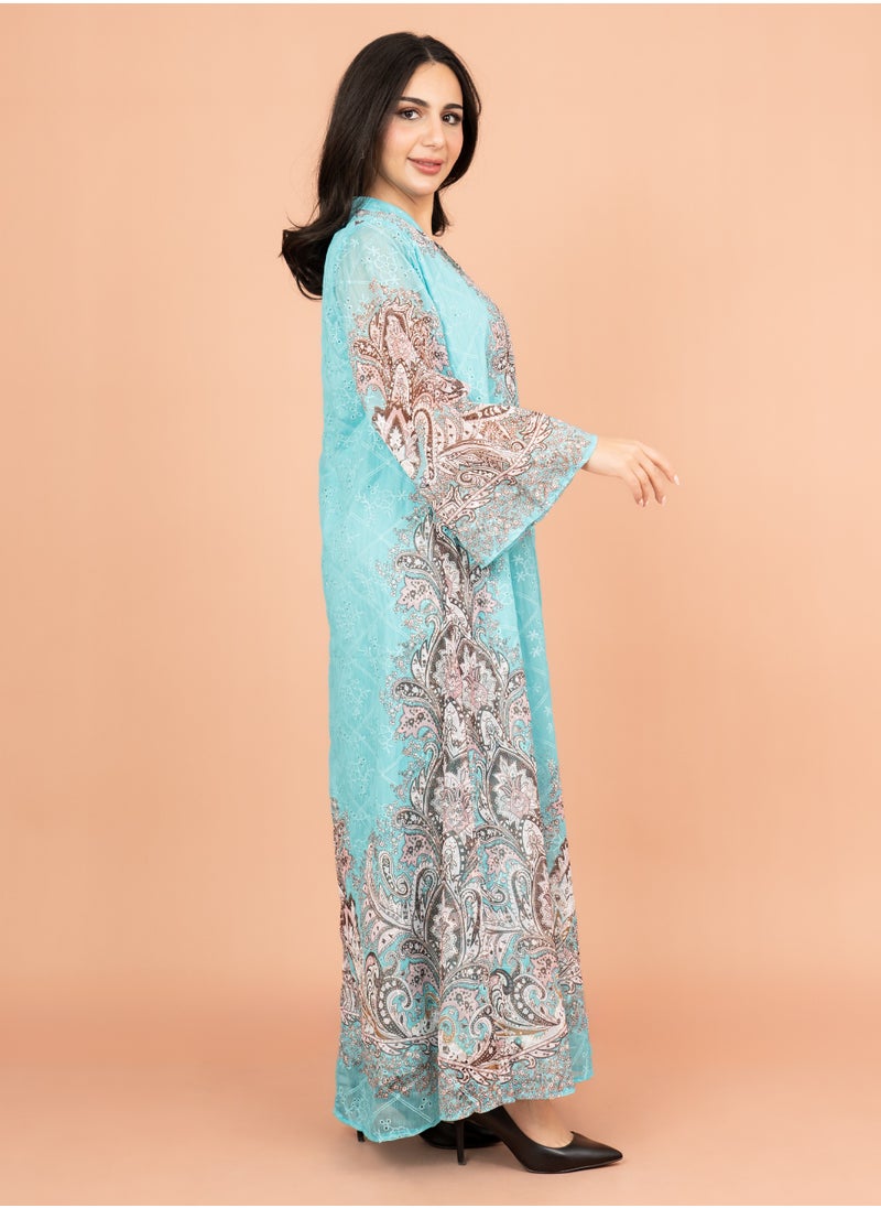 IKKXA Floral Pattern Printed Embroidered Jalabiya IK4011 Turquoise  - Image 3
