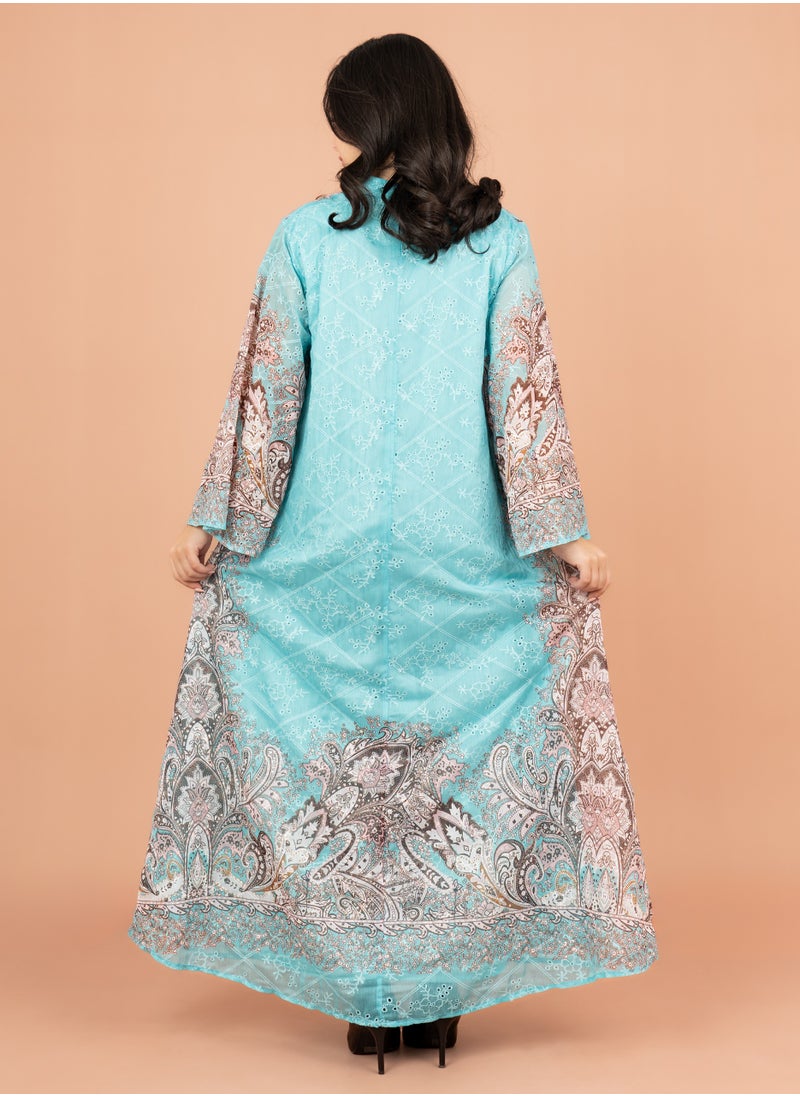 IKKXA Floral Pattern Printed Embroidered Jalabiya IK4011 Turquoise  - Image 4