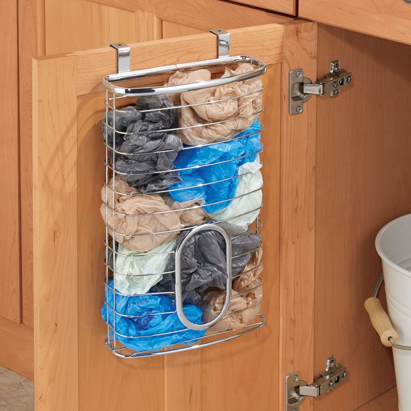 mDesign Steel Hanging Cabinet Storage Organizer Holder for Kitchen, Pantry - Holds Plastic, Sandwich, Garbage, Grocery and Trash Bags; Wrap, Foil, Pack - Spira Collection - Chrome - Image 1