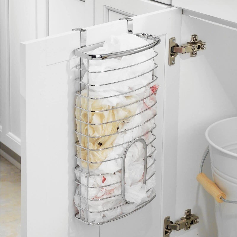 mDesign Steel Hanging Cabinet Storage Organizer Holder for Kitchen, Pantry - Holds Plastic, Sandwich, Garbage, Grocery and Trash Bags; Wrap, Foil, Pack - Spira Collection - Chrome - Image 2
