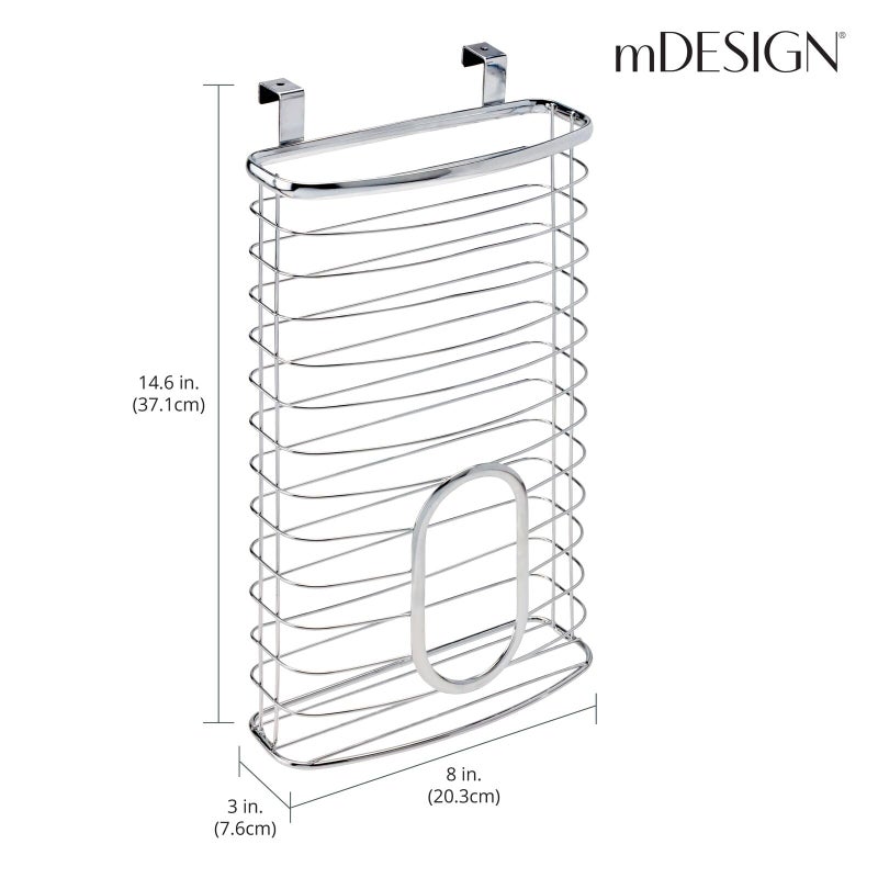 mDesign Steel Hanging Cabinet Storage Organizer Holder for Kitchen, Pantry - Holds Plastic, Sandwich, Garbage, Grocery and Trash Bags; Wrap, Foil, Pack - Spira Collection - Chrome - Image 3
