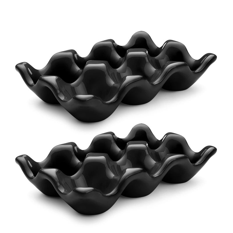Flexzion Porcelain Egg Crate 6Egg Capacity Ceramic Egg Tray Half Dozen Egg Holder for Fridge Countertop Display Black Decorative Serving Dish and Storage Organizer 2 Pack