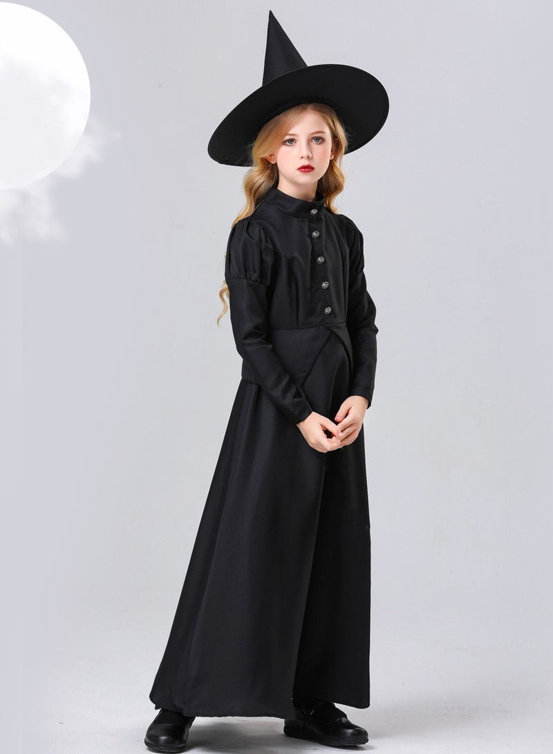 Witch Costume For Girl, Witch Black Dress Outfit, Gothic Victorian Witch Vampire Dress Cosplay Halloween Costume For Girl - Image 1