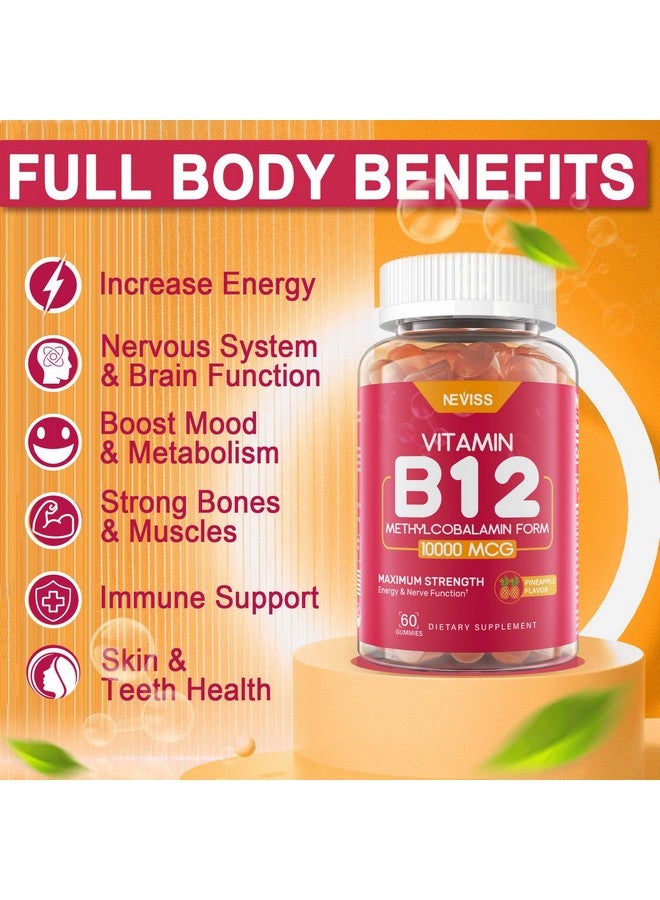 NEVISS فيتامين ب12 10000 ميكروغرام (ميثيل ب12) جوميز مع فيتامين د3 ب9 فيتامين فولات فيتامين ج للطاقة والتمثيل الغذائي وزيادة المزاج وصحة الجهاز العصبي والعظام القوية ودعم المناعة سكر منخفض 60 حبة - Image 4