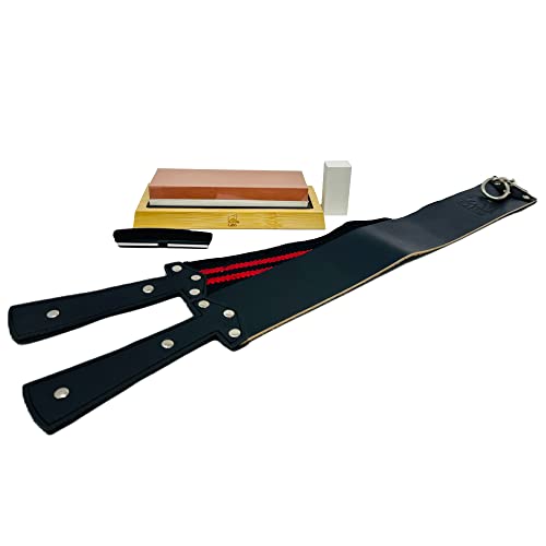 GBS Premium Whetstone Blade Sharpening Stone and GBS Leather Strop Black with Red Strip