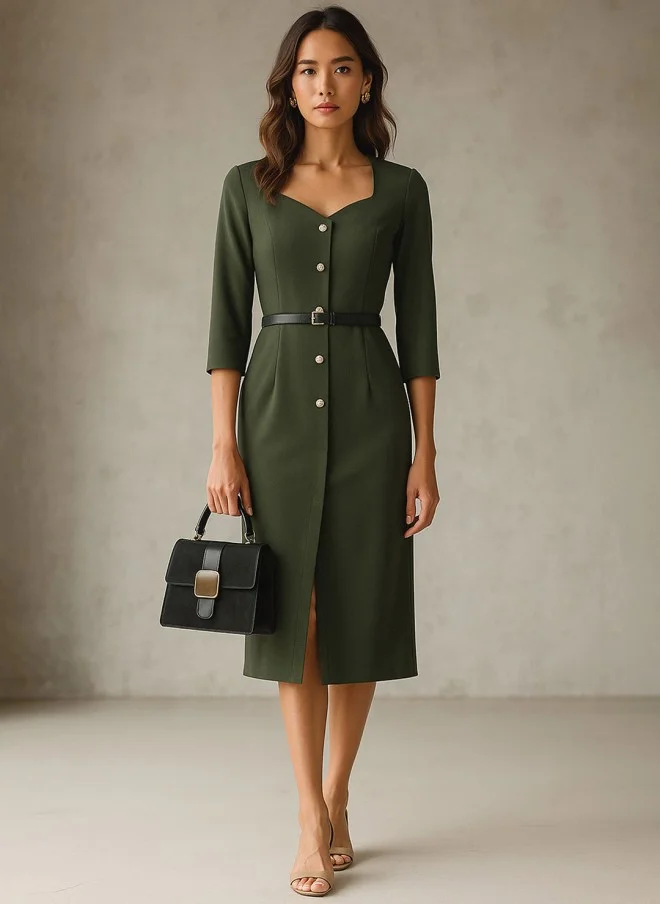 SASSAFRAS Olive Green Sweetheart Neck Midi Dress for Women