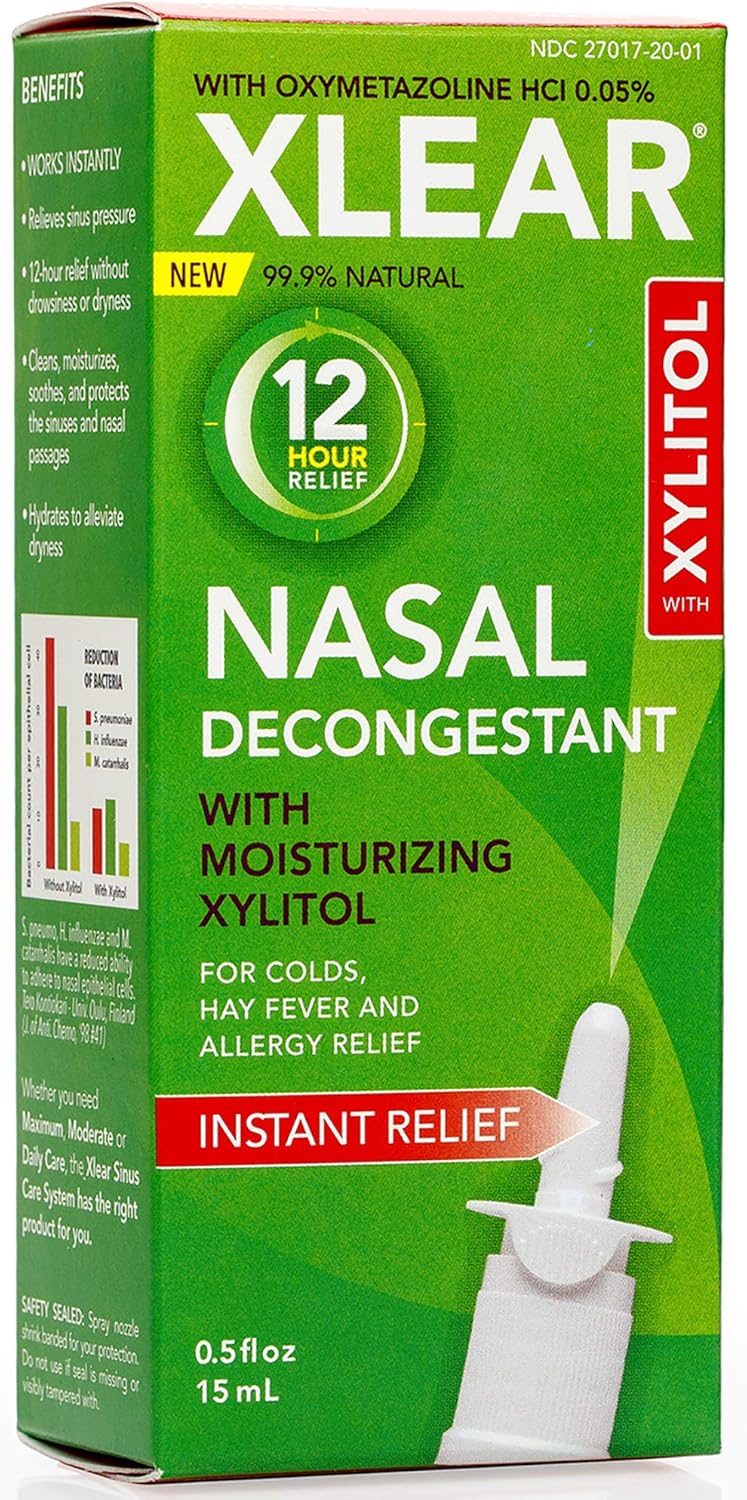 Xlear 12-Hour Nasal Decongestant Spray, Natural Saline Nasal Spray with Xylitol and Oxymetazoline, Instant Sinus Pressure and Congestion Relief for Kids and Adults 0.5 fl oz (Pack of 2)