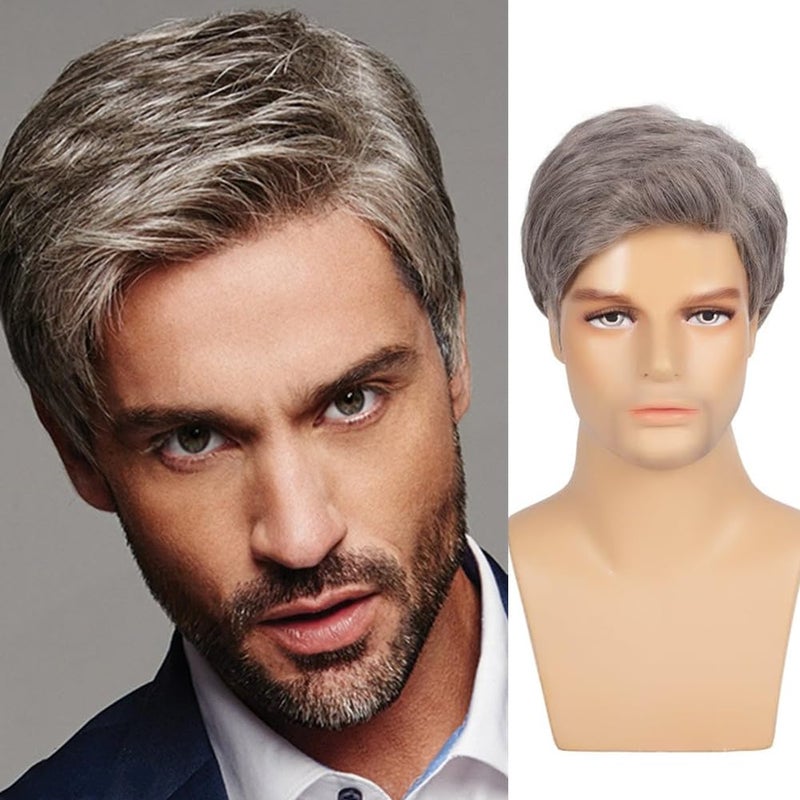 Tseses Grey Mens Short Wig Synthetic Hair Straight Layered Natural Daily Cosplay Party Gray Synthetic Hair Wigs for Male Guy