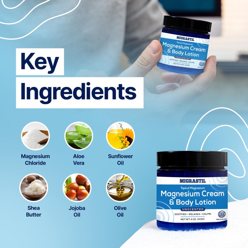 MIGRASTIL Topical Magnesium Cream & Body Lotion 4oz. - Promotes Sleep and Soothing Relief for Sore Muscles, Leg Cramps, Etc. Made in The USA. - Image 5
