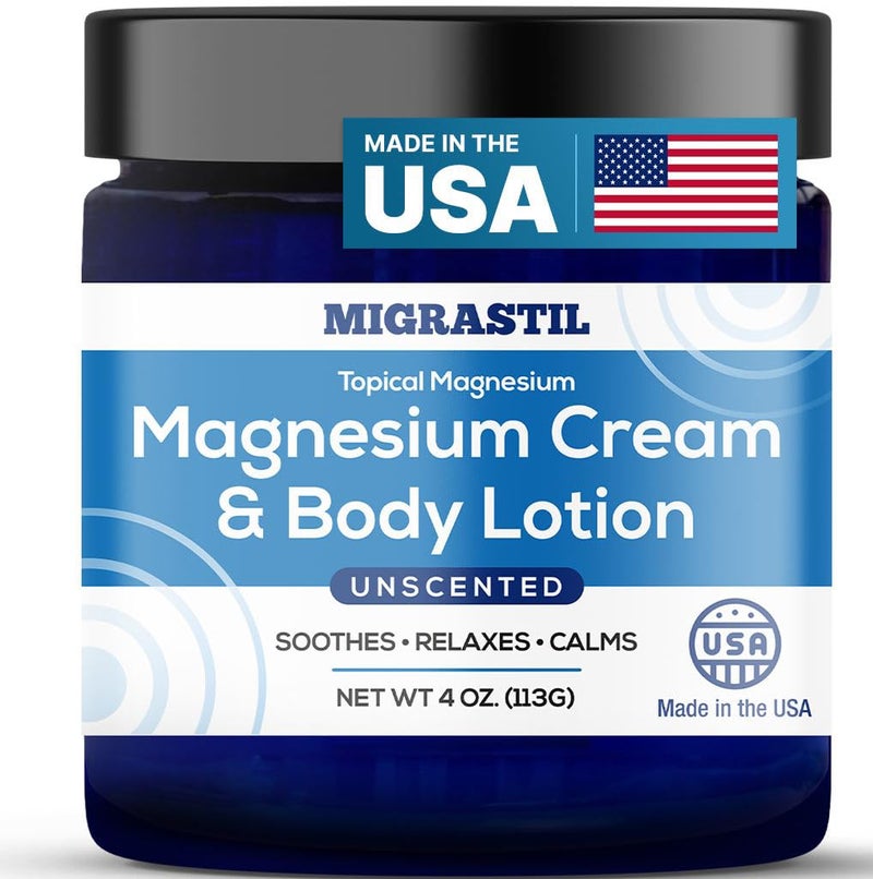 MIGRASTIL Topical Magnesium Cream & Body Lotion 4oz. - Promotes Sleep and Soothing Relief for Sore Muscles, Leg Cramps, Etc. Made in The USA. - Image 1