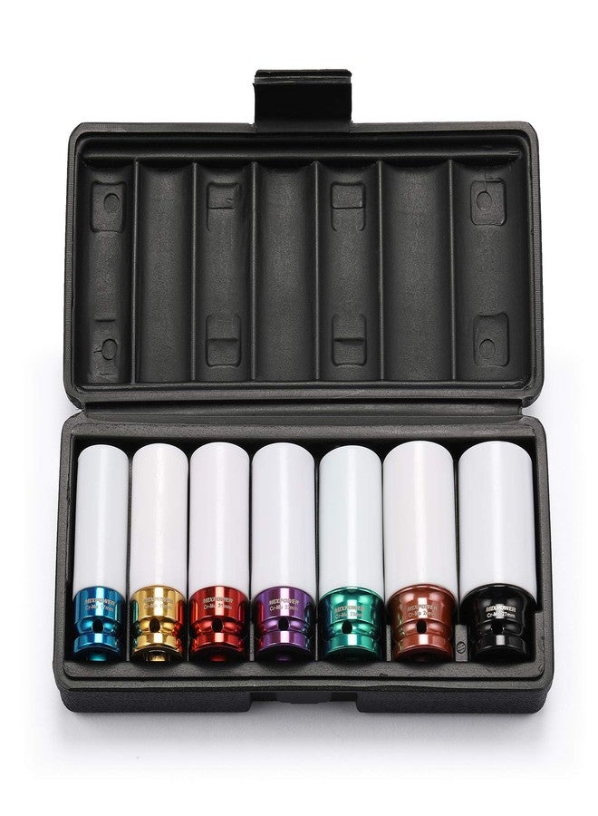 MIXPOWER 1/2" Drive Wheel Protector Impact Socket, 7pcs Thin Wall Deep Impact Socket Set, Durable Plastic Sleeve Lug Nut Socket, 6 Point, Metric, Color-Coded, 17mm, 19mm, 21mm, 22mm, 23mm, 24mm,27mm - Image 2