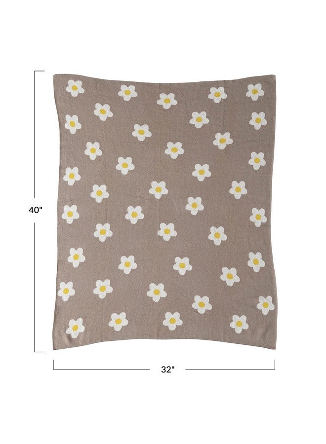 Creative Co-op بطانية أطفال محبوكة من القطن من كرياتيف كوبر مزينة بالزهور، بني وأبيض - Image 2