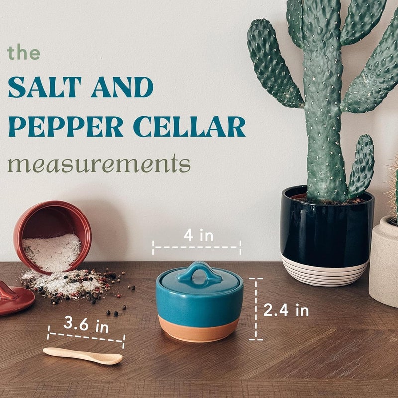 Mora Ceramic Salt and Pepper Cellar Set with Lid - 10 oz Modern Canister/Container/Bowl for Storage, Sea Salt, Spice, Sugar, Countertop - Small Dish/Jar with Wood Spoon, Azure Blue & Crimson Red Crock - Image 2