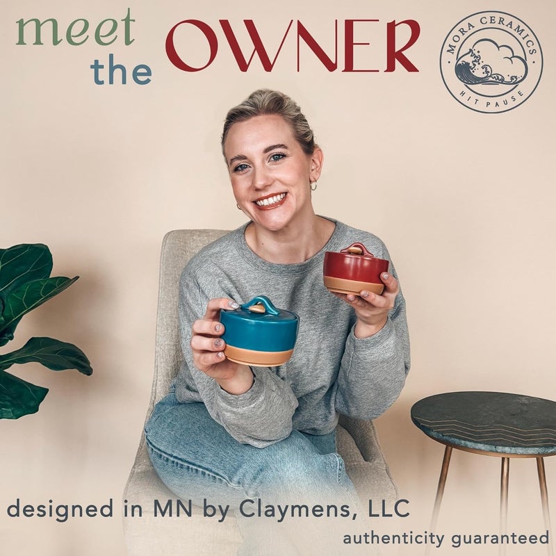 Mora Ceramic Salt and Pepper Cellar Set with Lid - 10 oz Modern Canister/Container/Bowl for Storage, Sea Salt, Spice, Sugar, Countertop - Small Dish/Jar with Wood Spoon, Azure Blue & Crimson Red Crock - Image 3