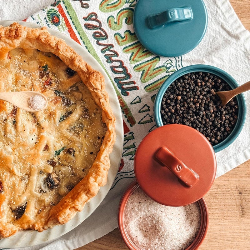 Mora Ceramic Salt and Pepper Cellar Set with Lid - 10 oz Modern Canister/Container/Bowl for Storage, Sea Salt, Spice, Sugar, Countertop - Small Dish/Jar with Wood Spoon, Azure Blue & Crimson Red Crock - Image 5