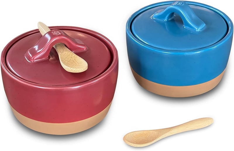 Mora Ceramic Salt and Pepper Cellar Set with Lid - 10 oz Modern Canister/Container/Bowl for Storage, Sea Salt, Spice, Sugar, Countertop - Small Dish/Jar with Wood Spoon, Azure Blue & Crimson Red Crock - Image 1