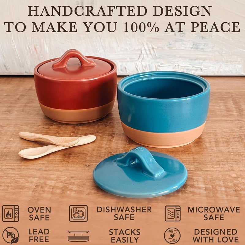 Mora Ceramic Salt and Pepper Cellar Set with Lid - 10 oz Modern Canister/Container/Bowl for Storage, Sea Salt, Spice, Sugar, Countertop - Small Dish/Jar with Wood Spoon, Azure Blue & Crimson Red Crock - Image 4