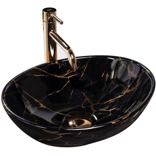 REMOTION Tabletop Ceramic Bathroom Sink | Countertop Wash Basin | Oval Shape Wash Basin For Bathroom (Glossy Black Gold) (16 x 13 x 6 Inch) - Image 5