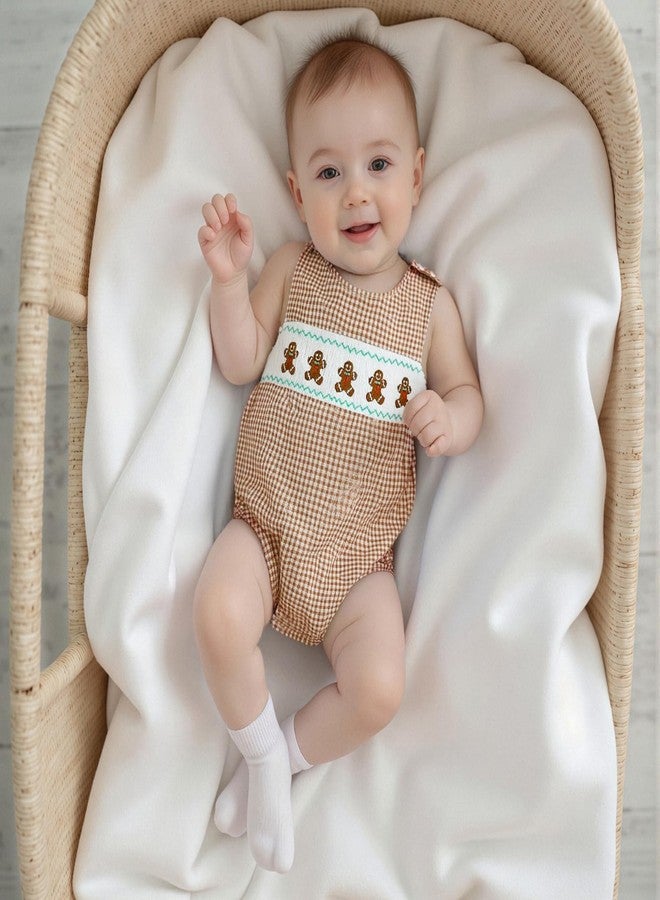 Mobbdow Newborn Baby Boy Christmas Outfit Embroiderey Sleeveless Smocked Bubble Romper Plaid Bodysuit Infant Winter Clothes (A-Khaki, 6-12 Months) - Image 2