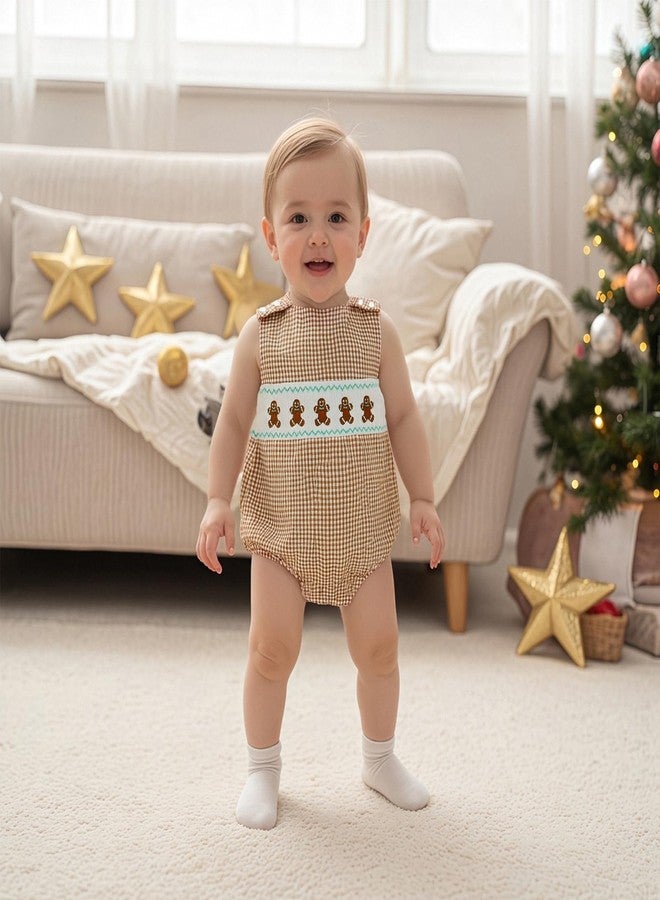 Mobbdow Newborn Baby Boy Christmas Outfit Embroiderey Sleeveless Smocked Bubble Romper Plaid Bodysuit Infant Winter Clothes (A-Khaki, 6-12 Months) - Image 4