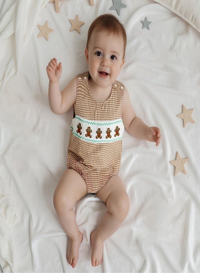 Mobbdow Newborn Baby Boy Christmas Outfit Embroiderey Sleeveless Smocked Bubble Romper Plaid Bodysuit Infant Winter Clothes (A-Khaki, 6-12 Months) - Image 3