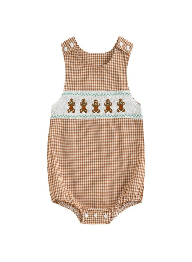 Mobbdow Newborn Baby Boy Christmas Outfit Embroiderey Sleeveless Smocked Bubble Romper Plaid Bodysuit Infant Winter Clothes (A-Khaki, 6-12 Months) - Image 1
