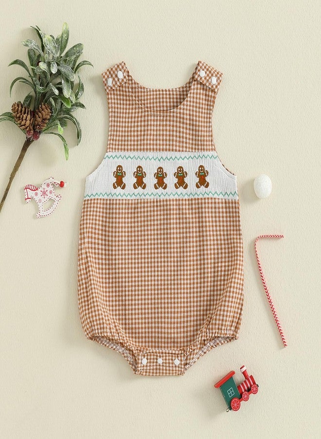Mobbdow Newborn Baby Boy Christmas Outfit Embroiderey Sleeveless Smocked Bubble Romper Plaid Bodysuit Infant Winter Clothes (A-Khaki, 6-12 Months) - Image 5