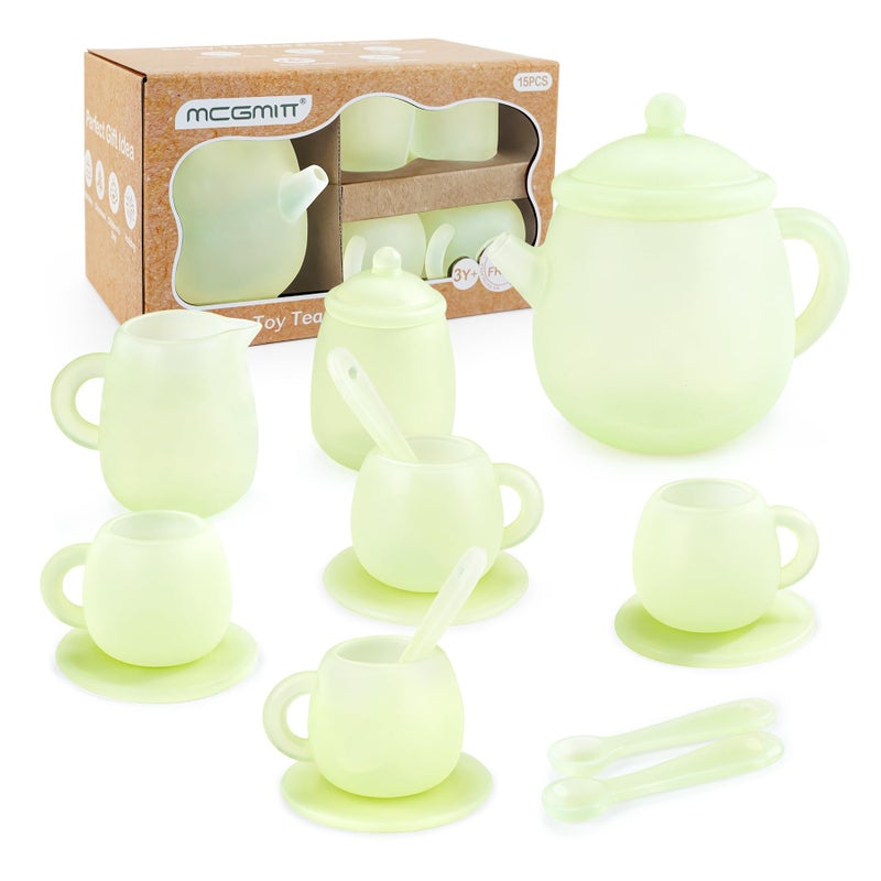 MCGMITT Tea Party Set for Toddler 35 15PCS Silicone Tea Set Kids Tea Set Includes Teapot 4 Tea Cups and Coasters Creamer Sugar Bowl 4 Spoons Kitchen Pretend Play for Little Girls Boys Age 36 - Image 3