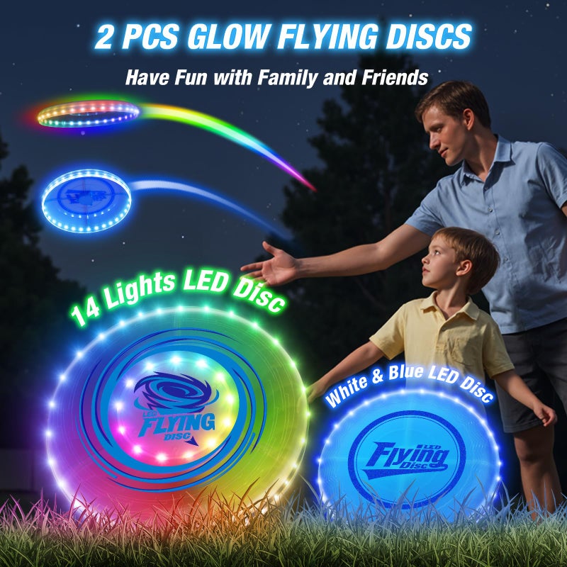 HYES 2 Pack Light up Flying Discs for Kids, Rechargeable Disc with 45 LEDs, 14 Lighting Modes(10")&Built-in Battery Disc(7.8"), Glow in The Dark Ring for Beach/Camping/Outdoor Sport - Image 2